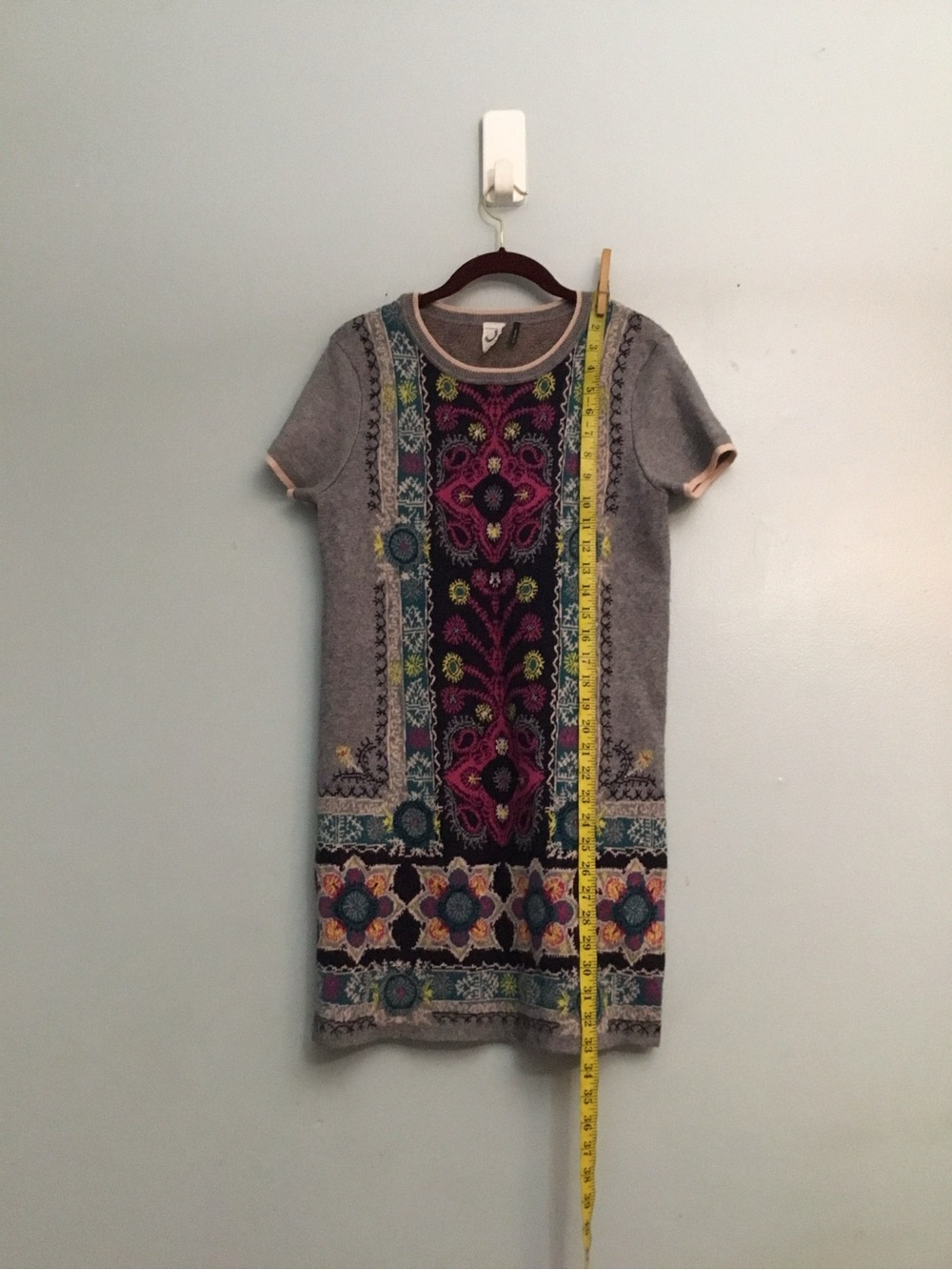 Anthropologie Gray Embroidered Shift Dress with Pink & Teal Accents size XS